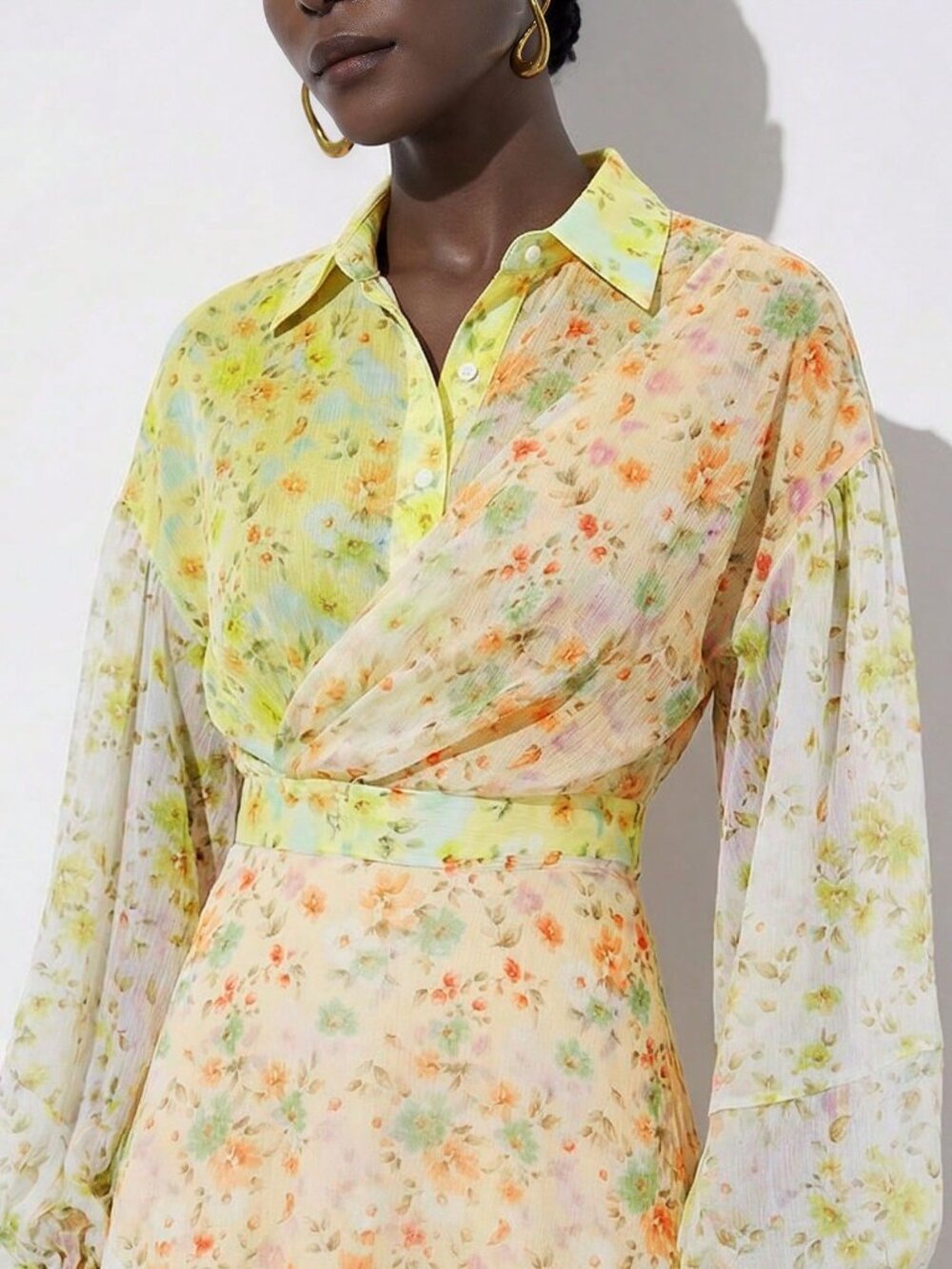 Multicolor Boho Women's Chiffon Gradient Floral Print Long Sleeve Dress - Picture 4 of 7